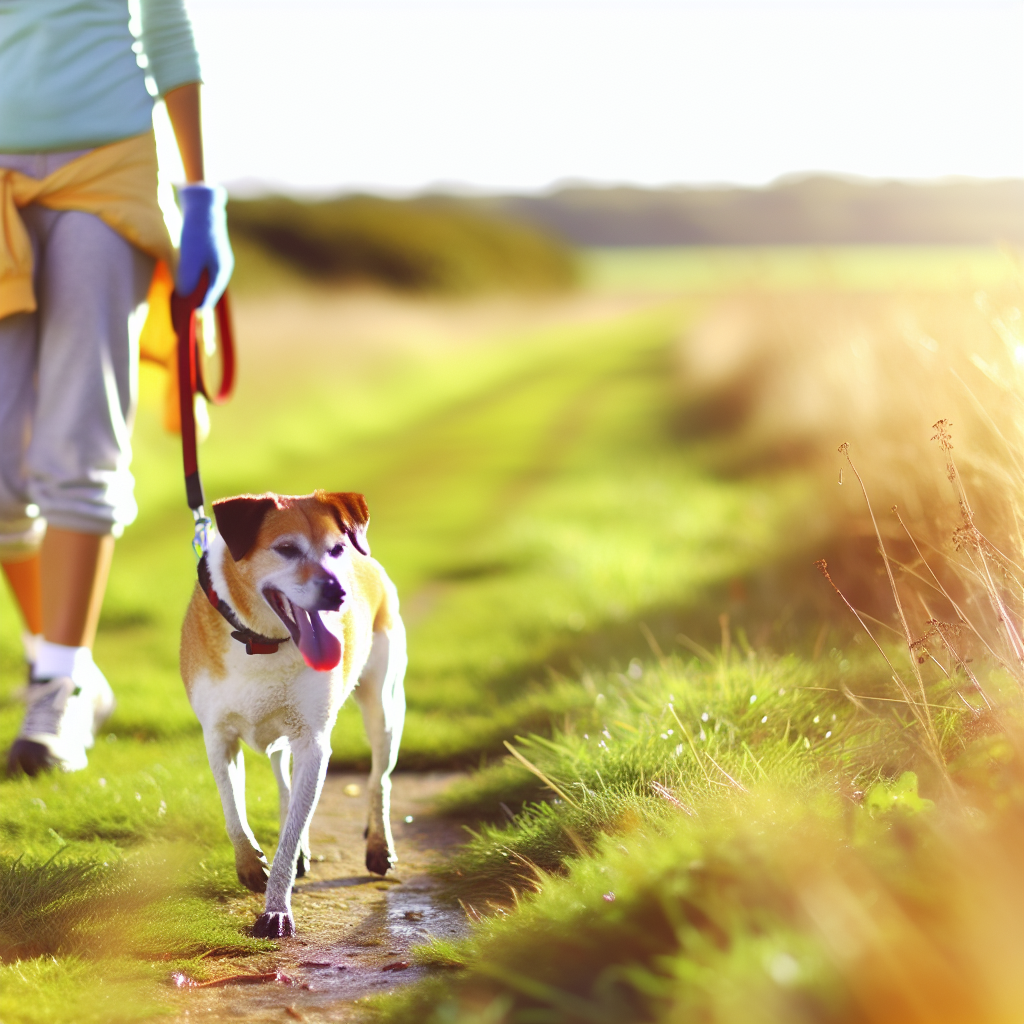 Tasma ile dış mekan yürüyüşü yapan köpek ve sahibi